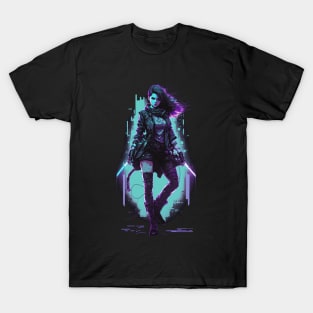 Cyberpunk Girl On Blue Neon Background T-Shirt